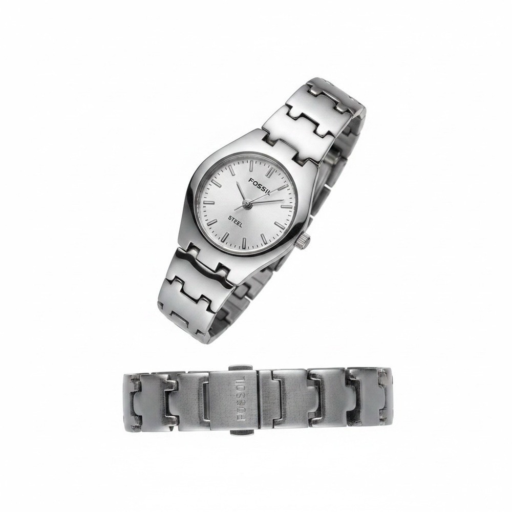 Vintage Women's Fossil Steel Watch Silver Tone White Dial Quartz Working